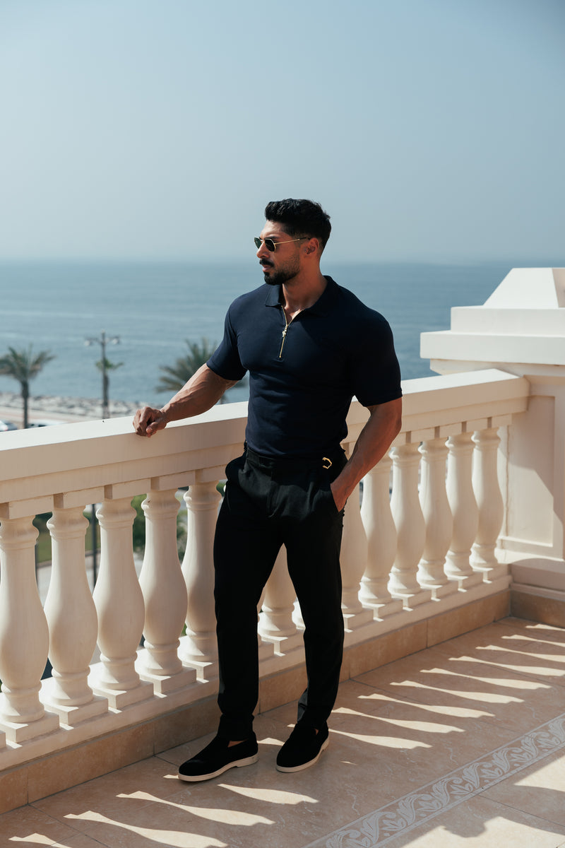 Father Sons Classic Navy and Gold Zipped Polo Shirt - FSH809