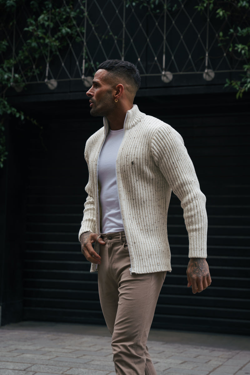 Father Sons Chunky Beige Flecks Ribbed Zipped Cardigan - FSJ070 (PRE ORDER 28TH FEBRUARY)