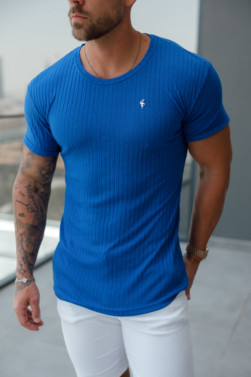 Father Sons Classic Royal Blue / Silver Ribbed Knit Super Slim Short Sleeve Crew - FSH1091