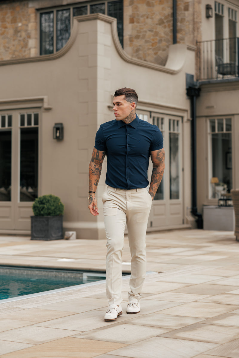 Father Sons Muscle Fit Advanced Stretch Navy Short Sleeve with Cutaway Collar - FS1163