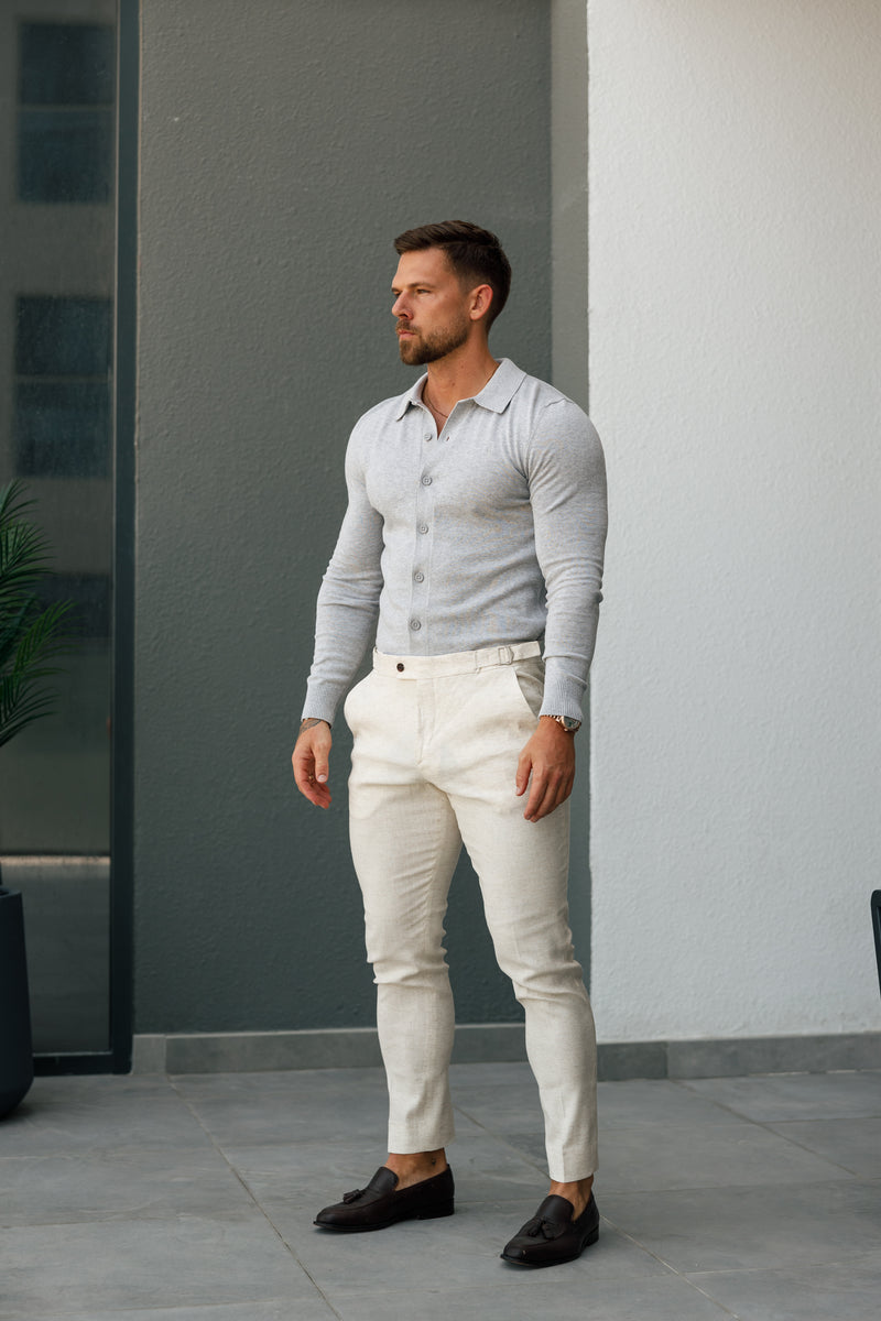 Father Sons Slim Formal Cream Linen Trousers With Side Adjusters - FST020