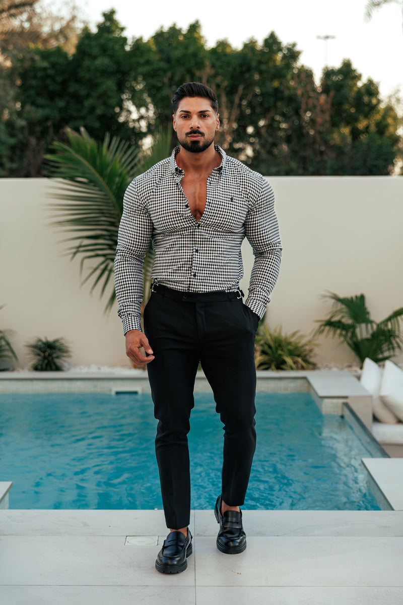 FS Super Slim Stretch White / Black Check Long Sleeve with Button Down Collar - FS1069