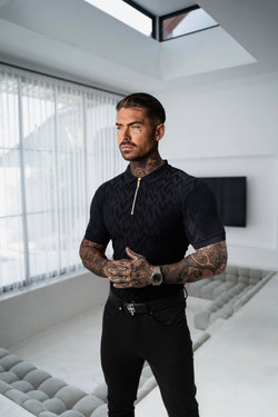 Father Sons Classic Jacquard Black Chevron Zipped Polo - FSR019