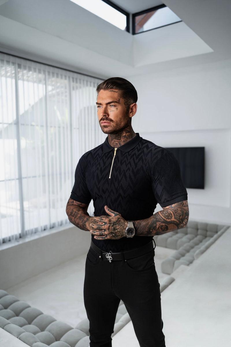 Father Sons Classic Jacquard Black Chevron Zipped Polo - FSR019