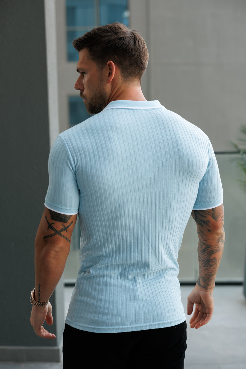 FS Classic Powder Blue Ribbed Zip Polo with Contrast Short Sleeve - FSH1106