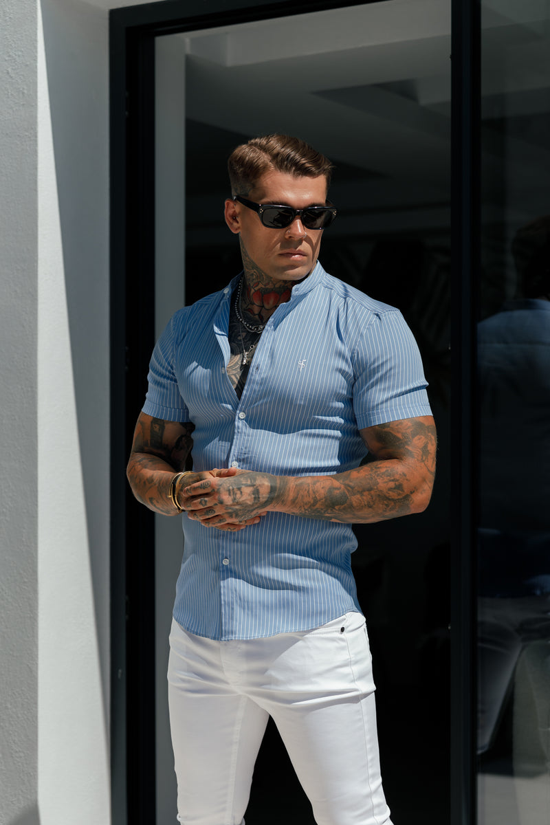 Father Sons Super Slim Stretch Light Blue Printed Pinstripe Short Sleeve with Grandad Collar - FS1060 (PRE ORDER 31ST JULY)