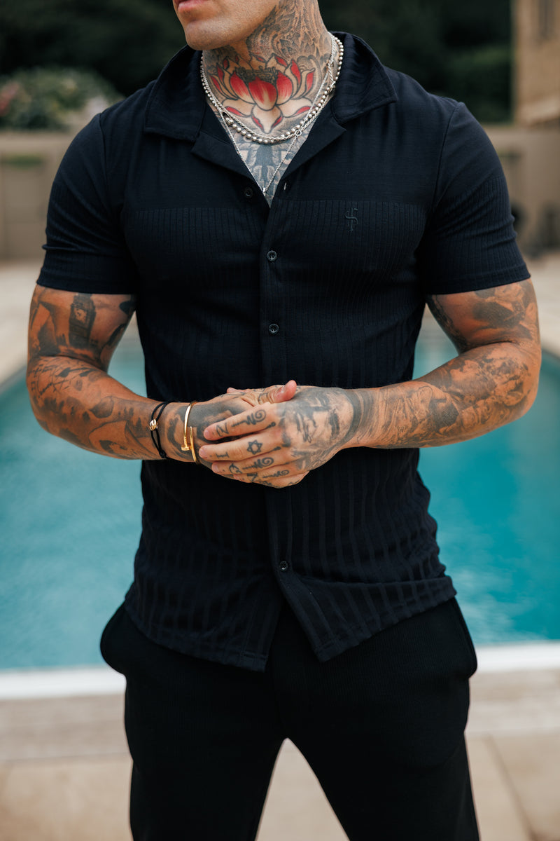 Father Sons Jersey Revere Vertical Stripe Black Shirt Short Sleeve - FSR024