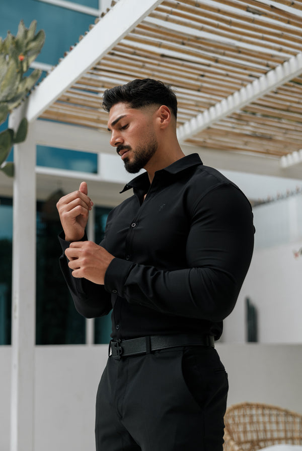 Father Sons Super Slim Scuba Black Long Sleeve Stretch with Cutaway Collar - FS1146