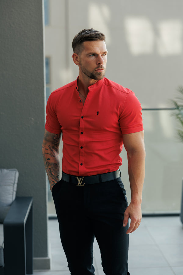 FS Super Slim Stretch Postbox Red Denim Short Sleeve with Grandad Collar - FS1141