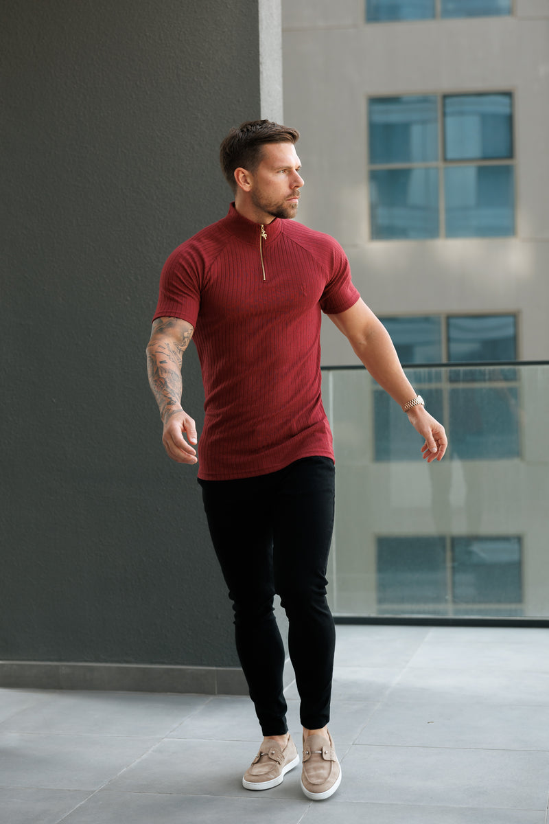 Father Sons Classic Burgundy Ribbed Zip Funnel Neck Raglan Short Sleeve Crew - FSH1293