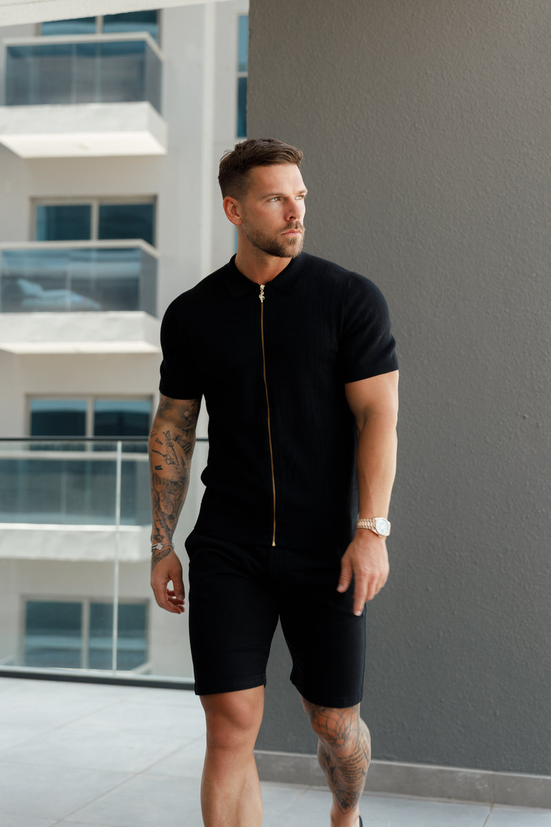 Father Sons Classic Knitted Geo Design With Full Length Zip Black Short Sleeve - FSN147