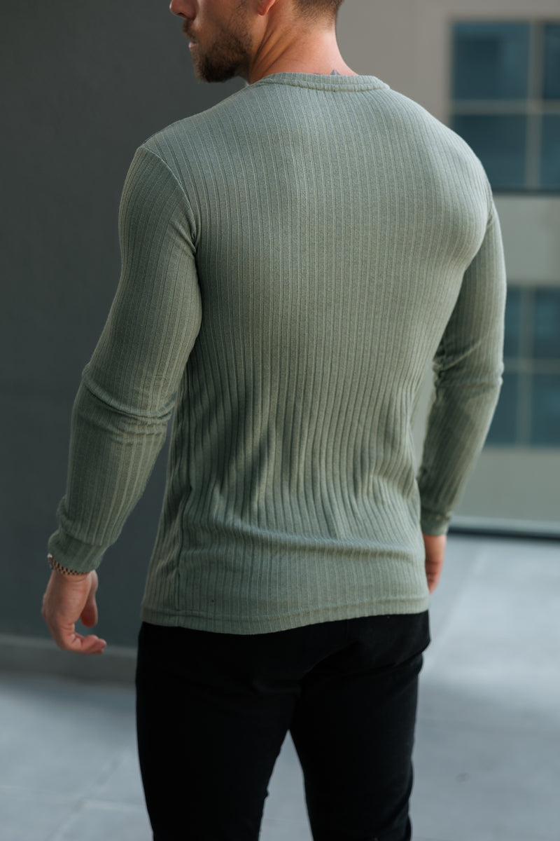 Father Sons Classic Olive Ribbed Knit Jumper With Tonal Embroidery - FSH1285