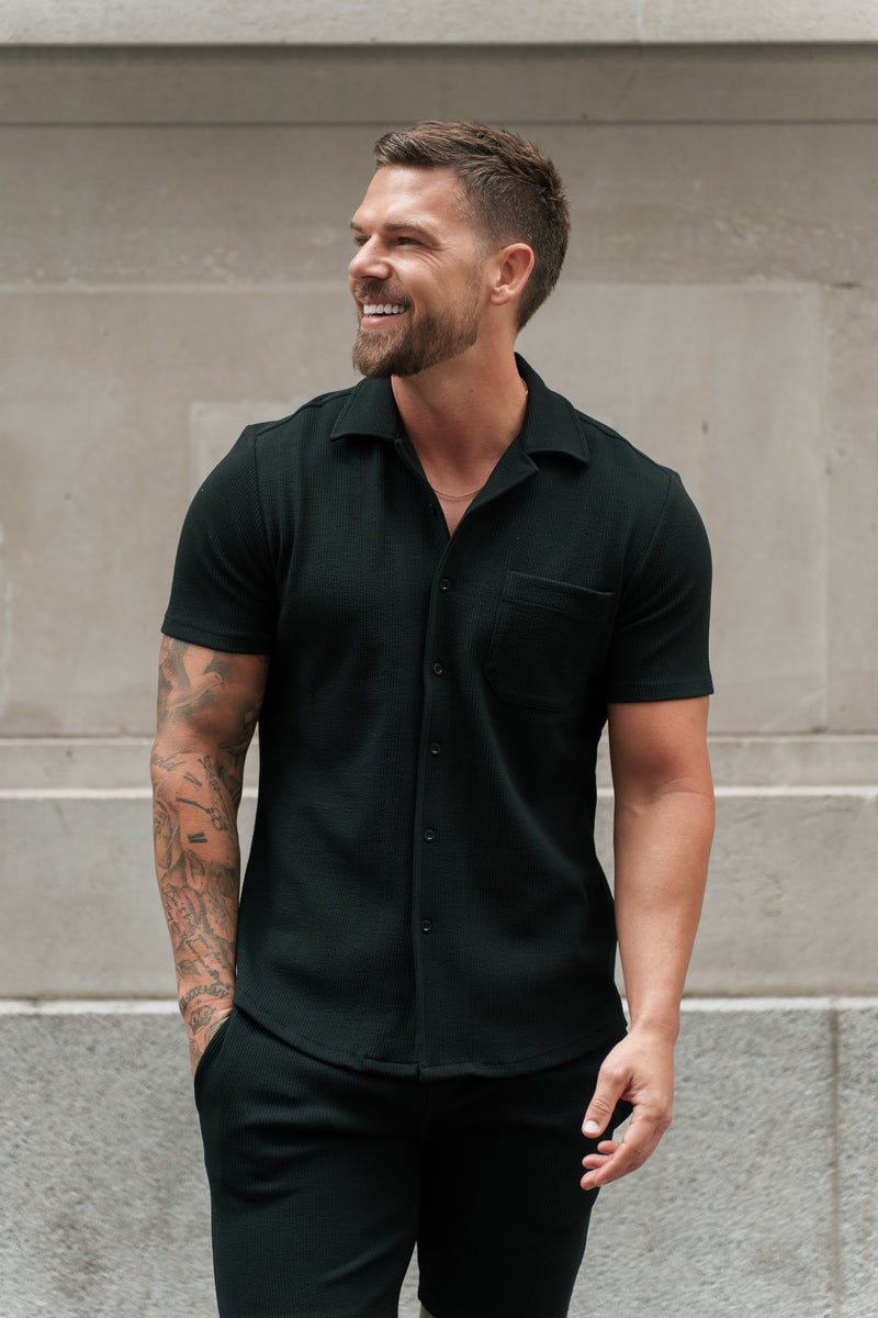 Father Sons Jersey Cord Stretch Black Revere Shirt Short Sleeve - FSR018 (PRE ORDER 11TH AUGUST)