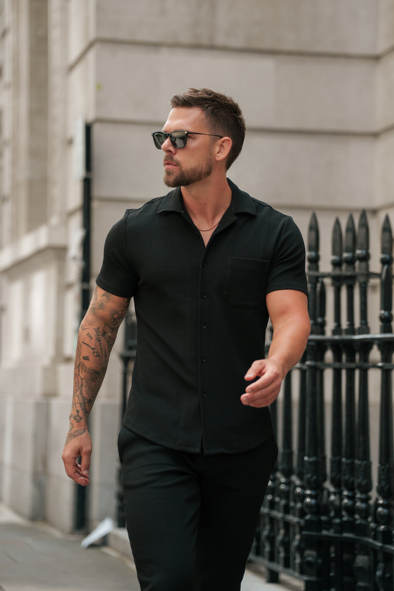 Father Sons Jersey Cord Stretch Black Revere Shirt Short Sleeve - FSR018 (PRE ORDER 11TH AUGUST)