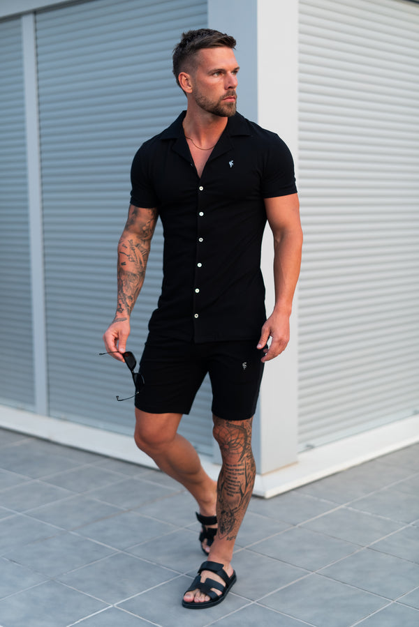 Father Sons Stretch Black / Silver Pique Revere Shirt Short Sleeve - FSH1355