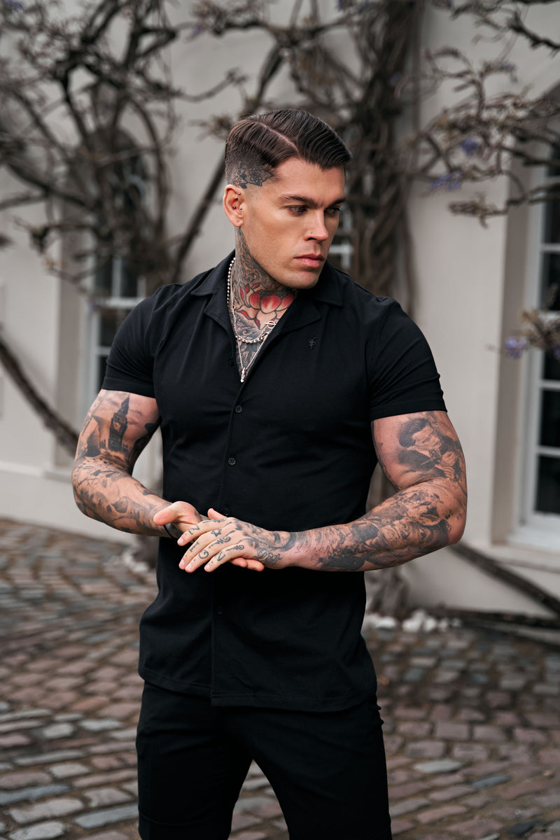 Father Sons Stretch Black Pique Revere Shirt Short Sleeve - FSH1067 (PRE ORDER 30TH MAY)