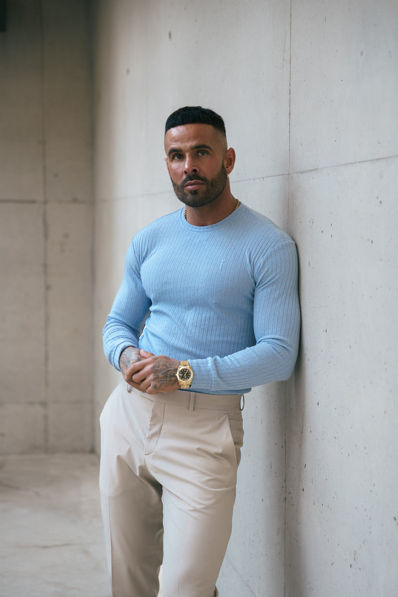 Father Sons Classic Light Blue Ribbed Knit Jumper With Tonal Embroidery - FSH1286