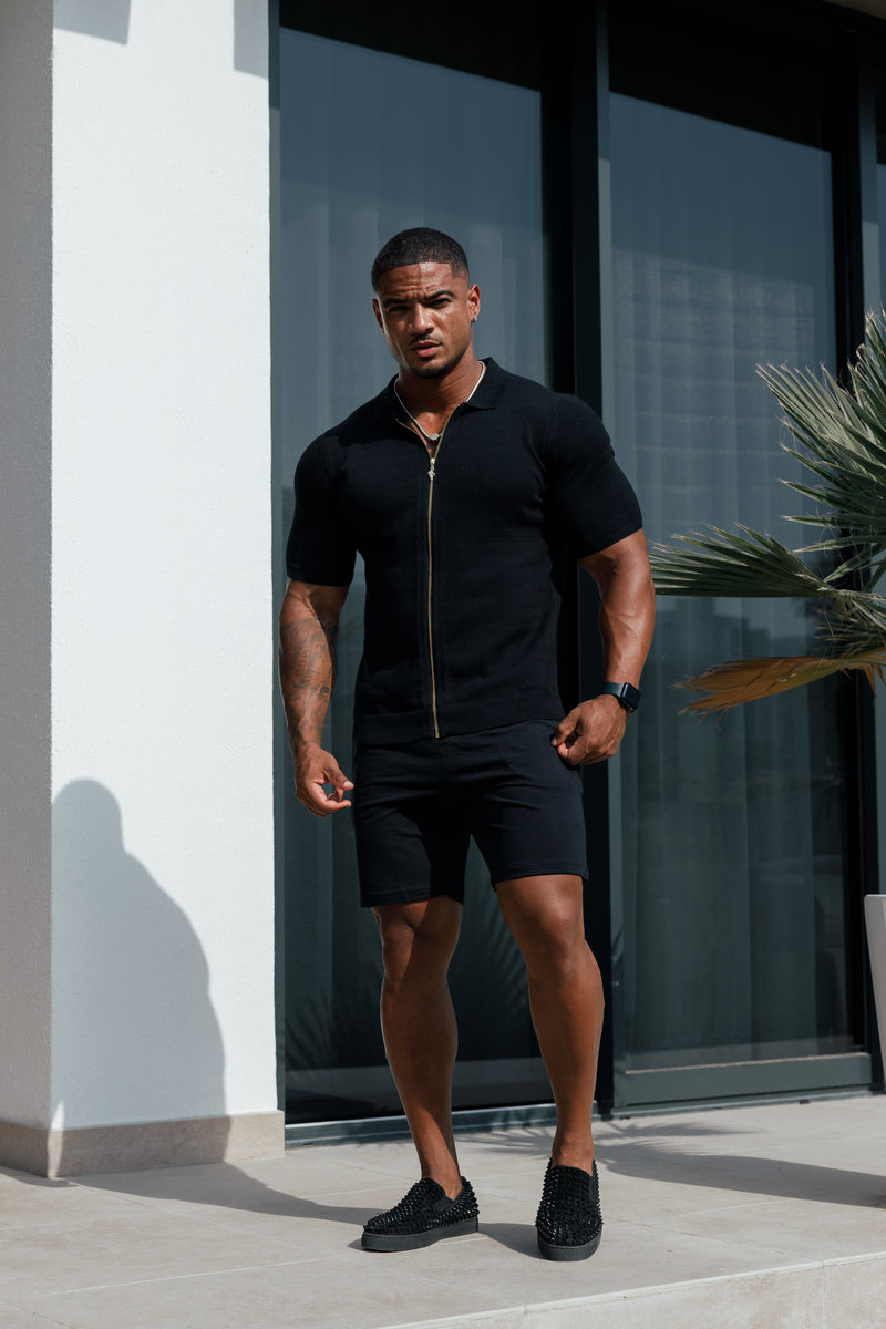 Father Sons Classic Knitted Textured Design With Full Length Zip Black Short Sleeve - FSN151