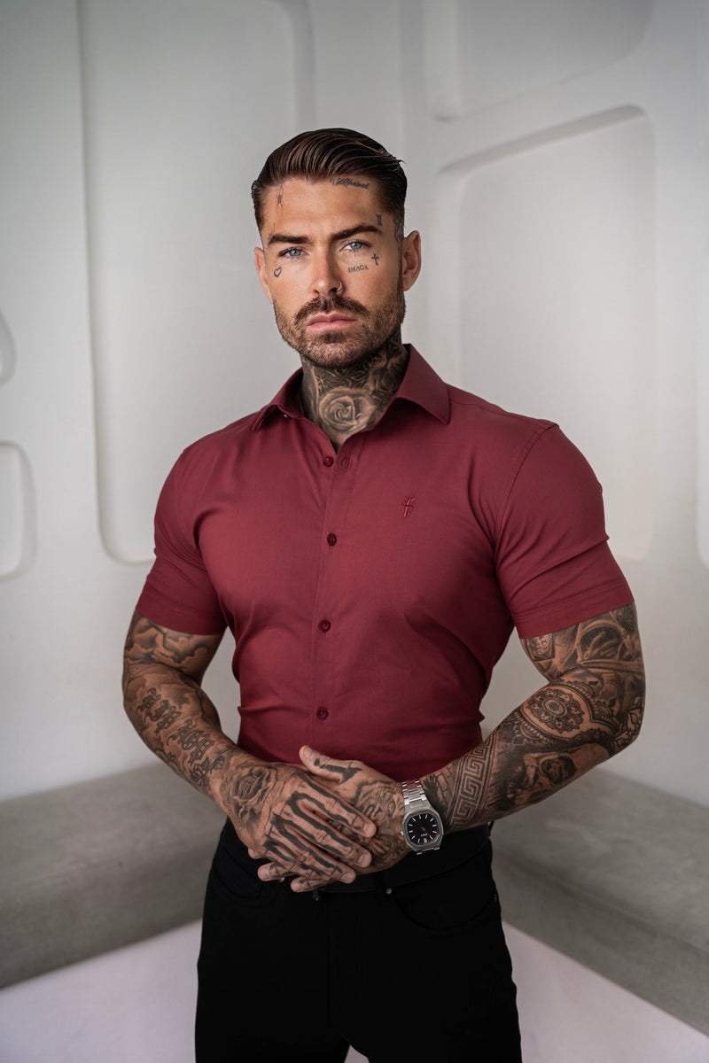 Father Sons Muscle Fit Advanced Stretch Oxblood Short Sleeve with Cutaway Collar - FS1205