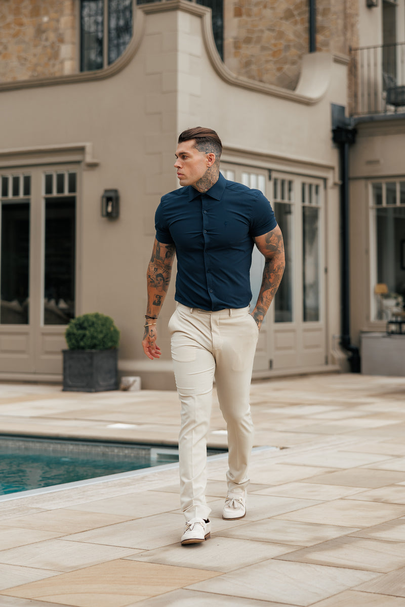 Father Sons Muscle Fit Advanced Stretch Navy Short Sleeve with Cutaway Collar - FS1163