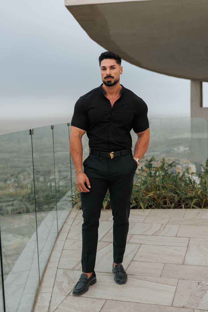 Father Sons Super Slim Oxford Stretch Classic All Black Grandad Collar Short Sleeve - FS582
