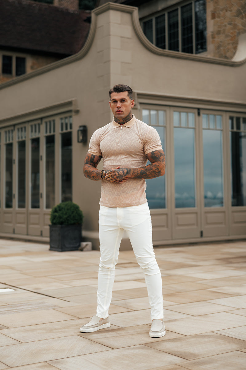 Father Sons Classic Jacquard Beige Chevron Zipped Polo - FSR023