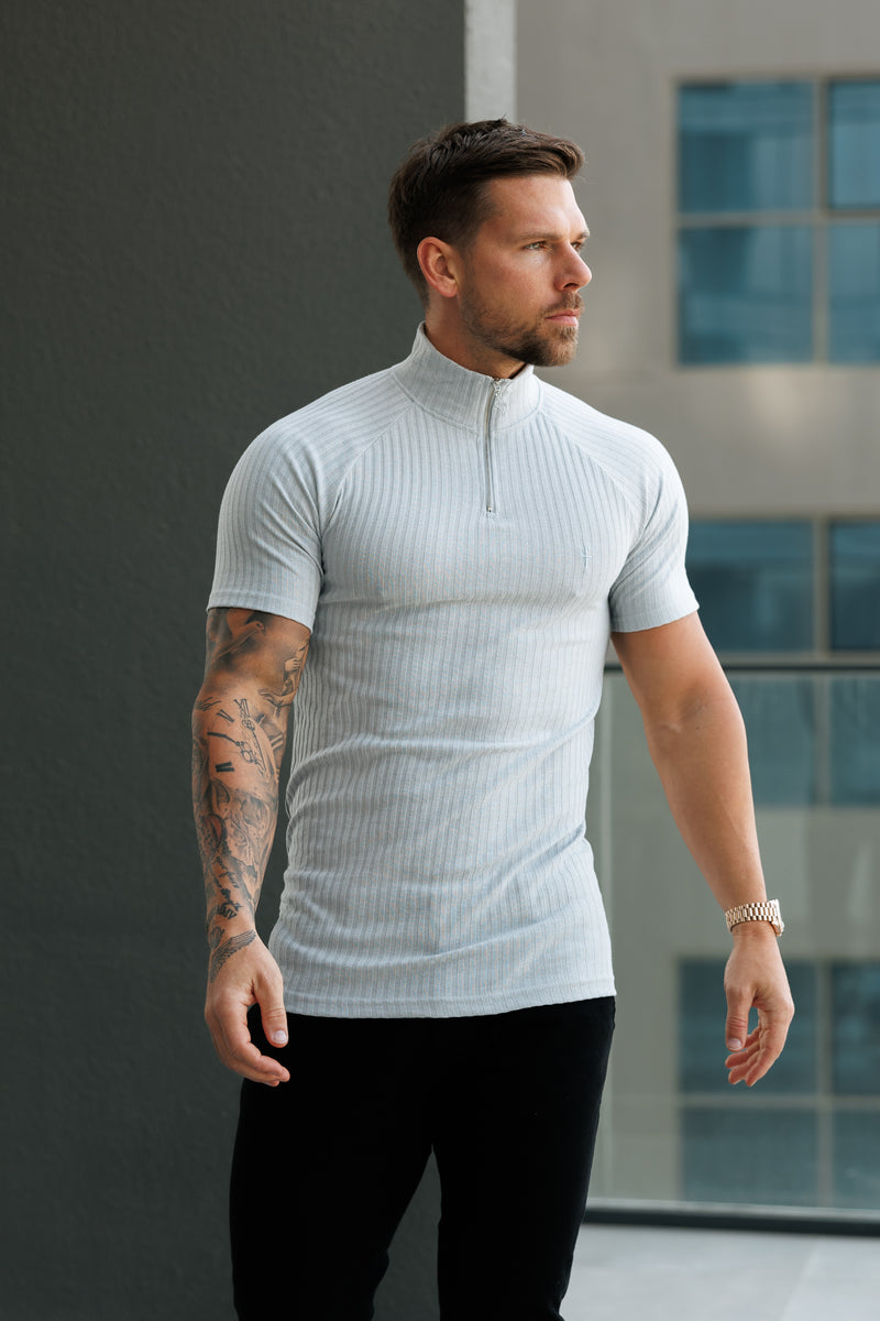 Father Sons Classic Light Grey Ribbed Zip Funnel Neck Raglan Short Sleeve Crew - FSH1287