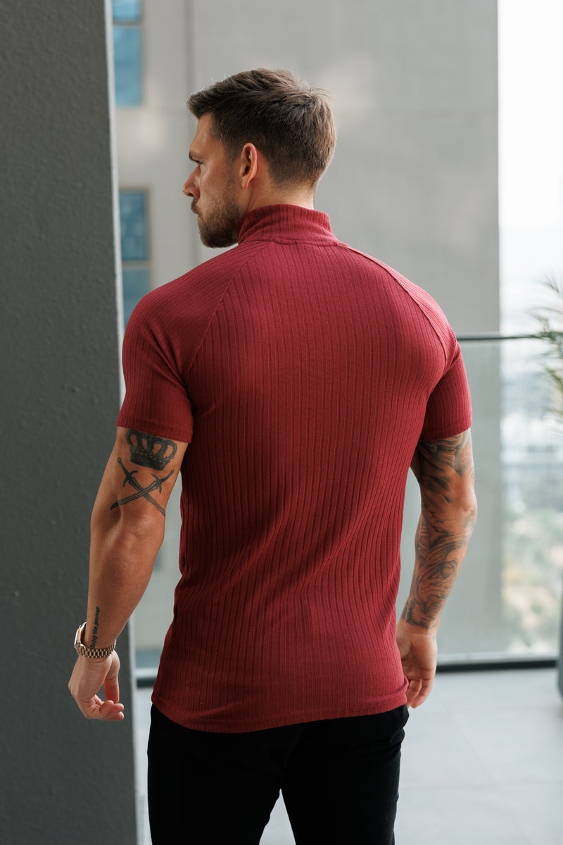 Father Sons Classic Burgundy Ribbed Zip Funnel Neck Raglan Short Sleeve Crew - FSH1293