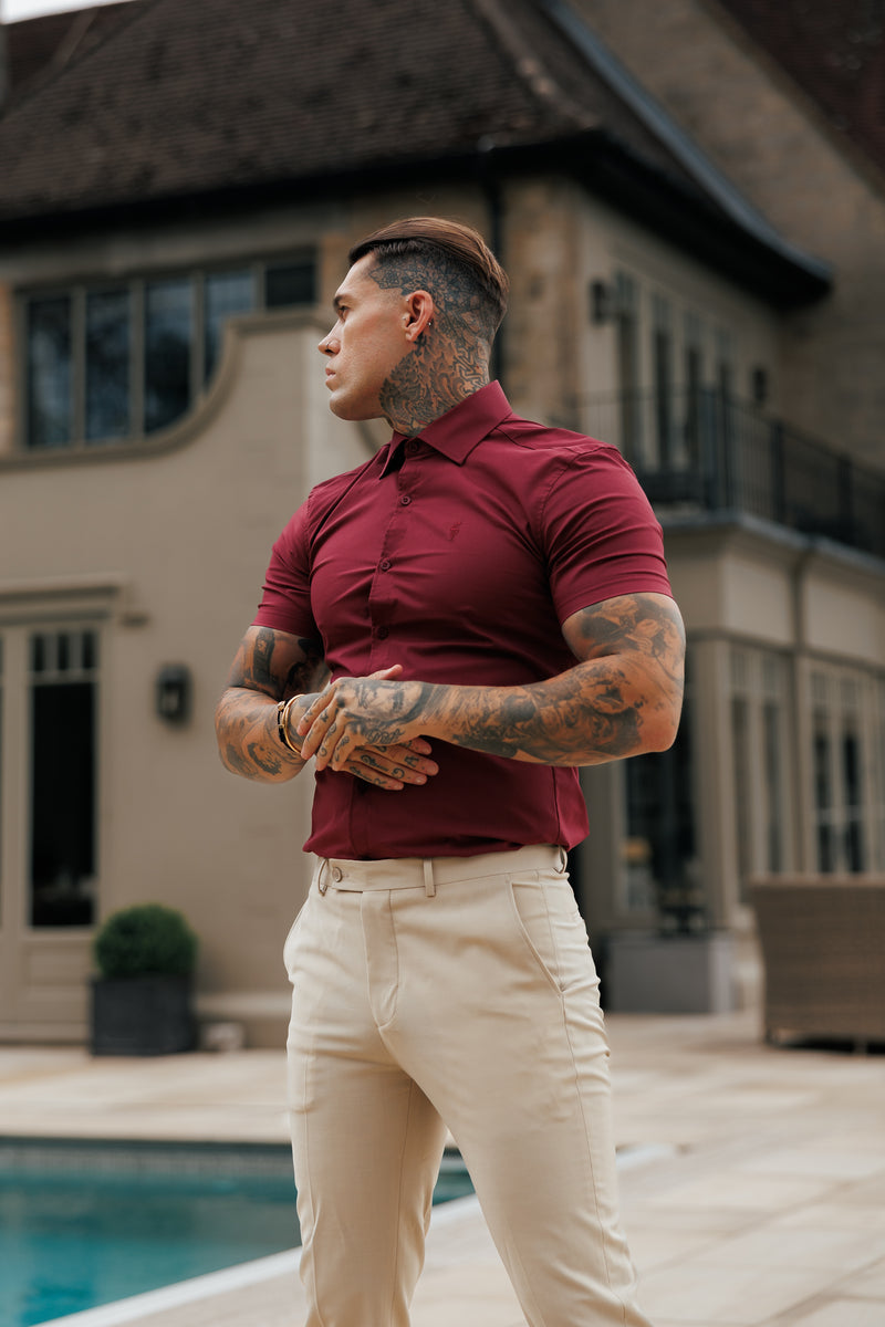 Father Sons Muscle Fit Advanced Stretch Oxblood Short Sleeve with Cutaway Collar - FS1205