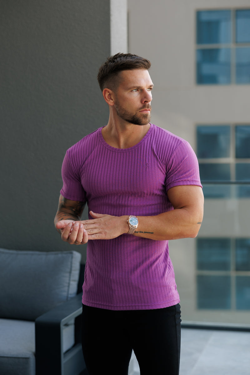 Father Sons Classic Light Purple Ribbed Knit Super Slim Short Sleeve Crew - FSH1161