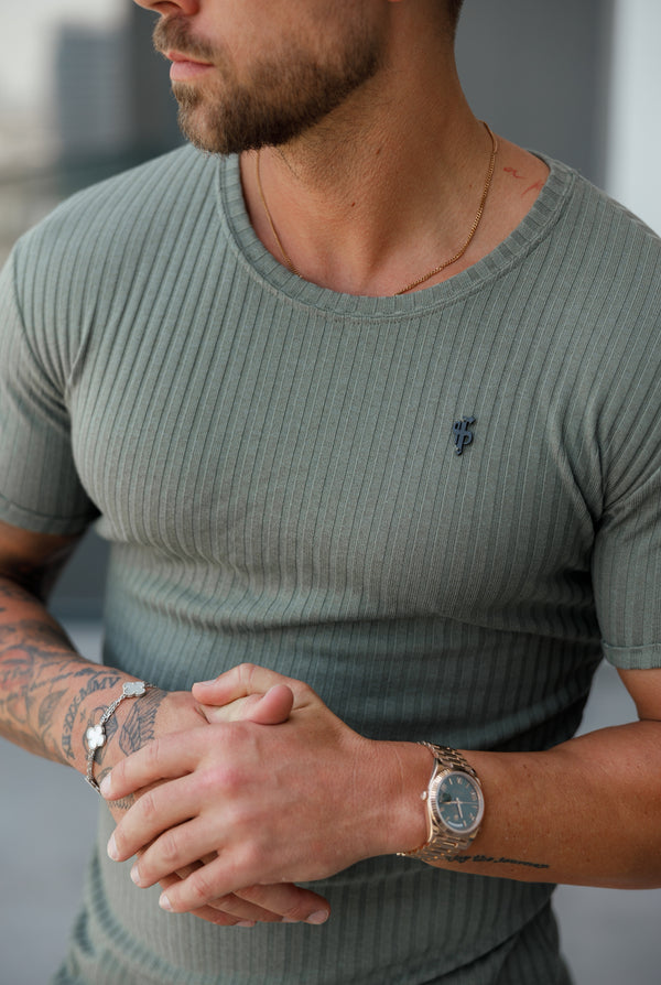 Father Sons Classic Olive / Black Ribbed Knit Super Slim Short Sleeve Crew - FSH1371C