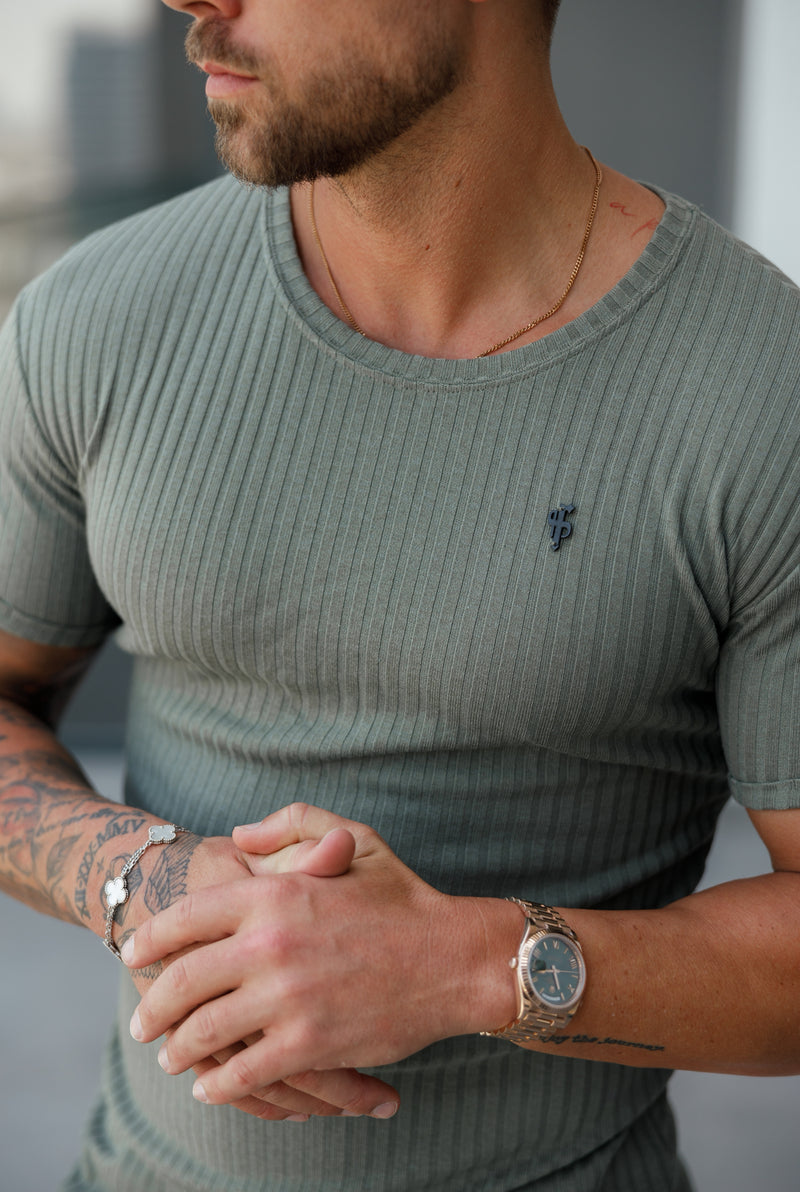 Father Sons Classic Olive / Black Ribbed Knit Super Slim Short Sleeve Crew - FSH1371C