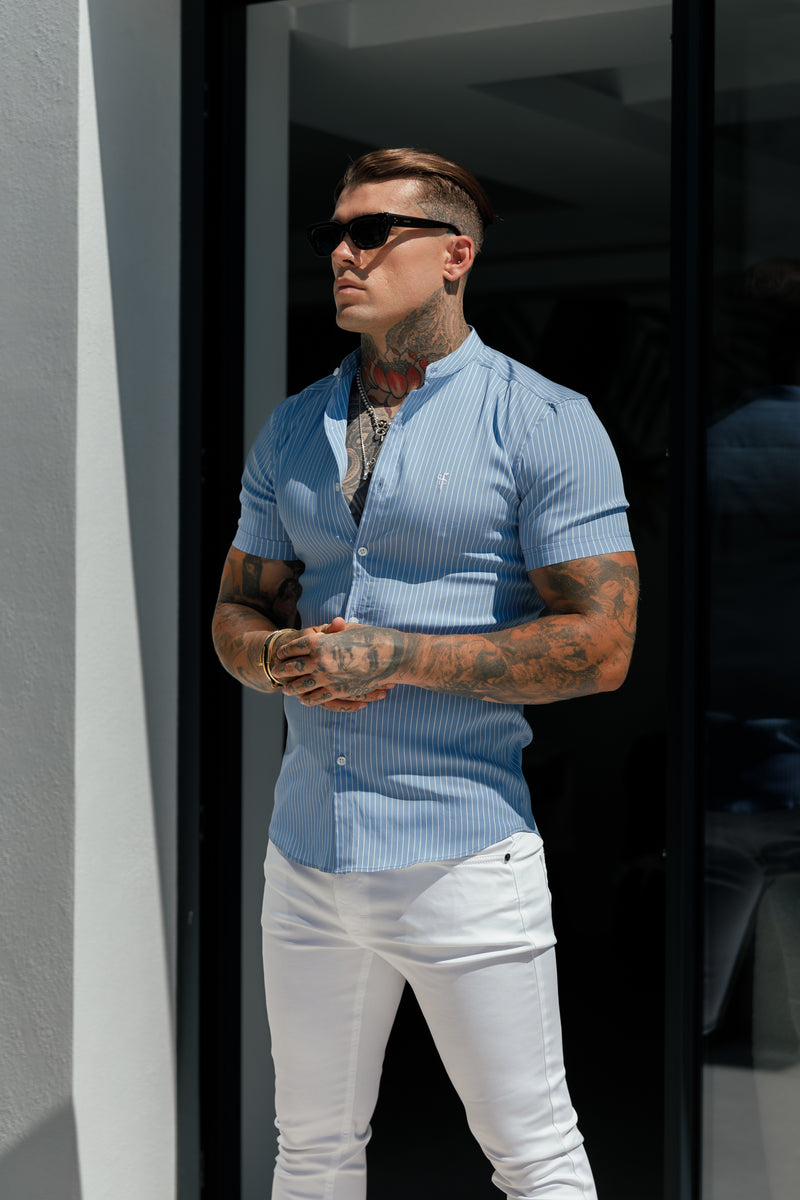 Father Sons Super Slim Stretch Light Blue Printed Pinstripe Short Sleeve with Grandad Collar - FS1060 (PRE ORDER 31ST JULY)
