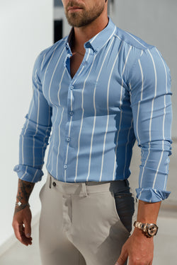 Father Sons Super Slim Stretch Blue Printed Wide Stripe Long Sleeve with Button Down Collar - FS1053