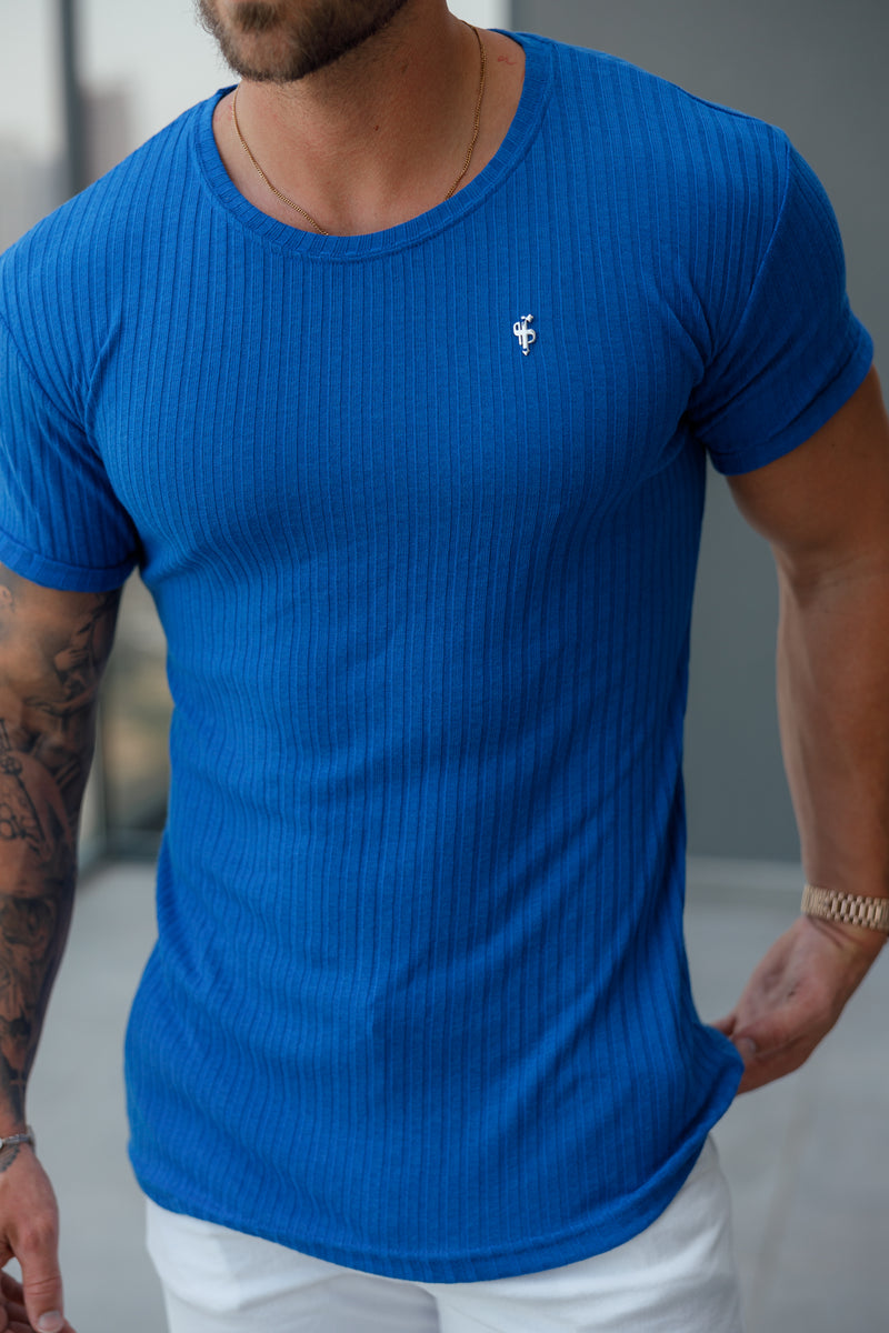 Father Sons Classic Royal Blue / Silver Ribbed Knit Super Slim Short Sleeve Crew - FSH1091