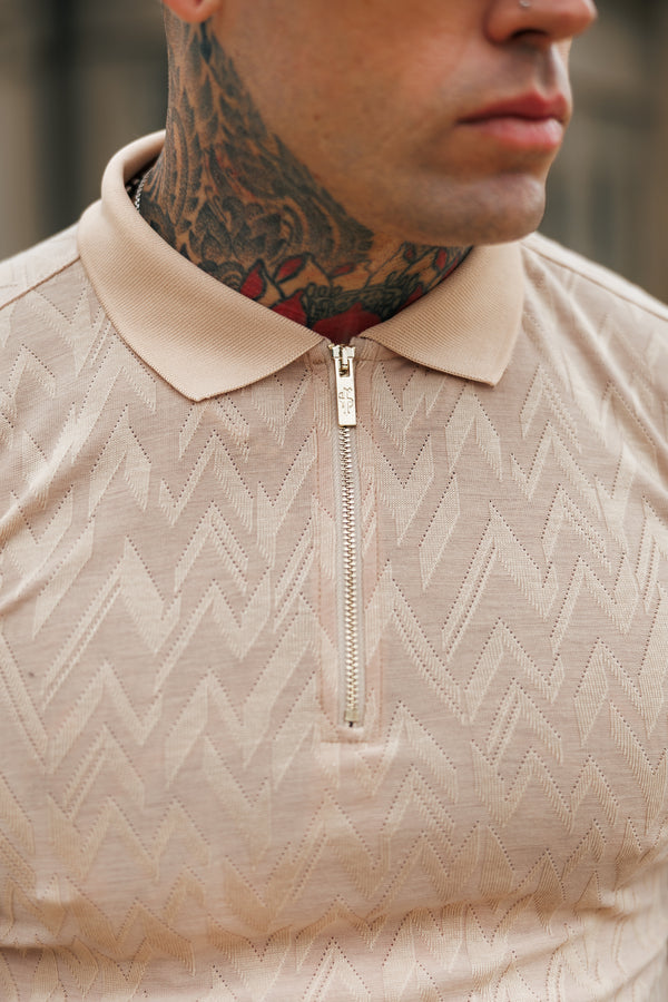 Father Sons Classic Jacquard Beige Chevron Zipped Polo - FSR023