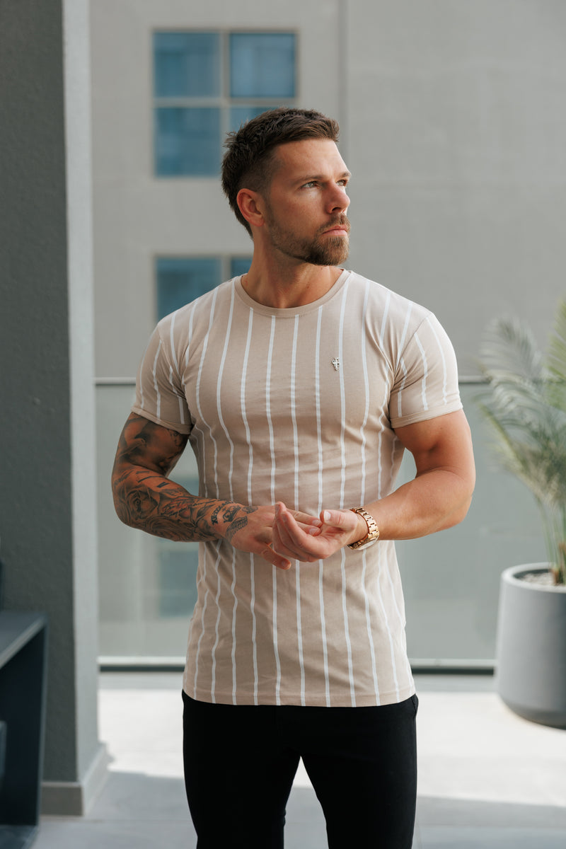 Father Sons Printed Taupe / White Stripe Fitted T Shirt - FSH1170