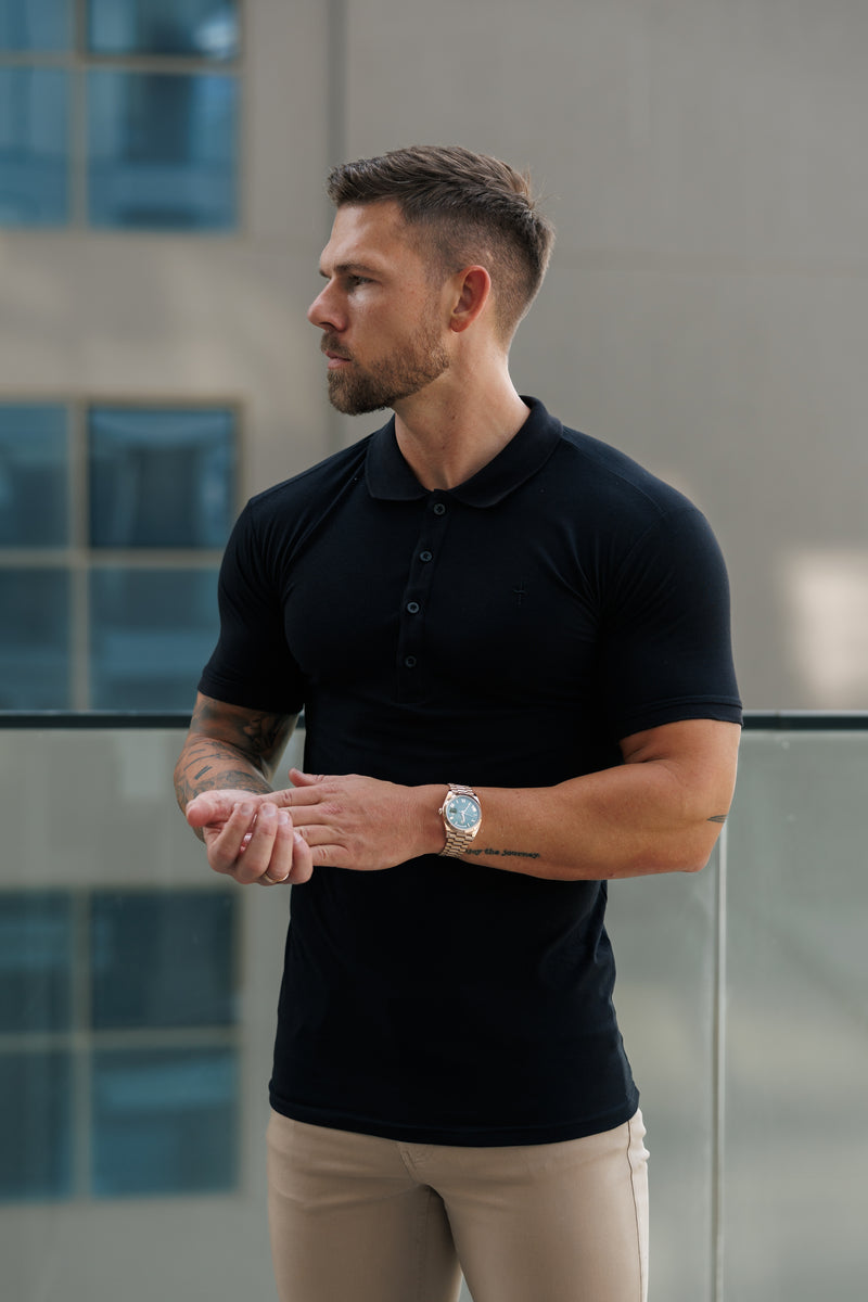 Father Sons Classic Black Polo Shirt with Tonal Button and Embroidery - FSH824