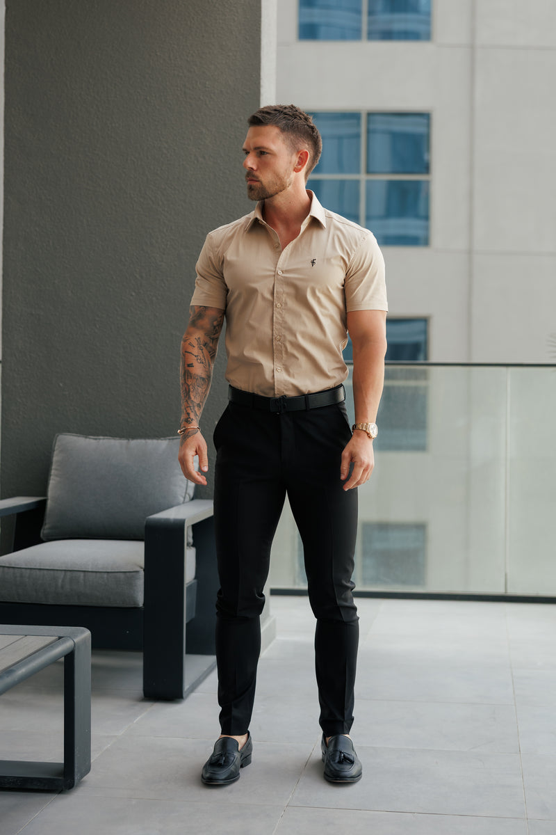 Father Sons Super Slim Stretch Beige Short Sleeve with Cutaway Collar  - FS1161