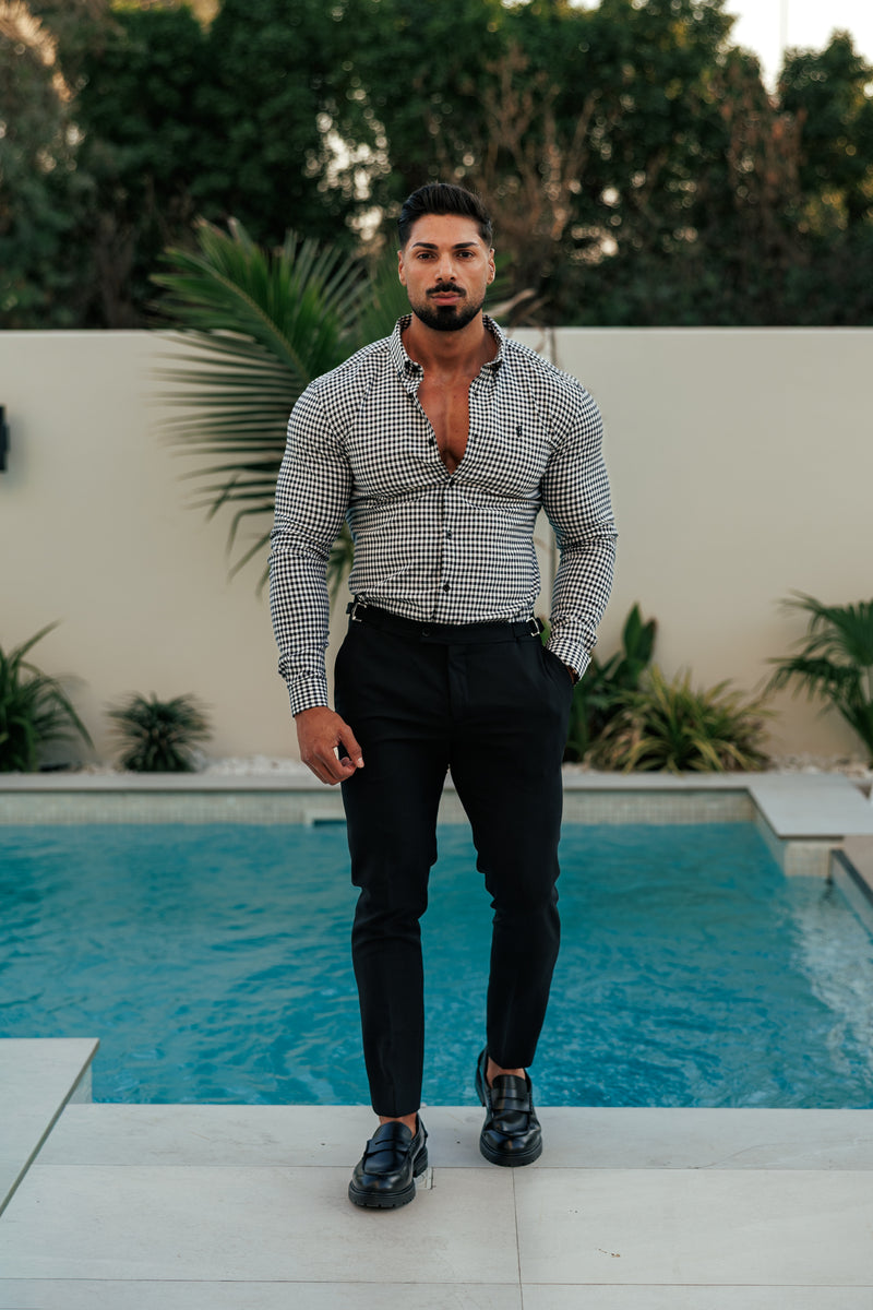 FS Super Slim Stretch White / Black Check Long Sleeve with Button Down Collar - FS1069