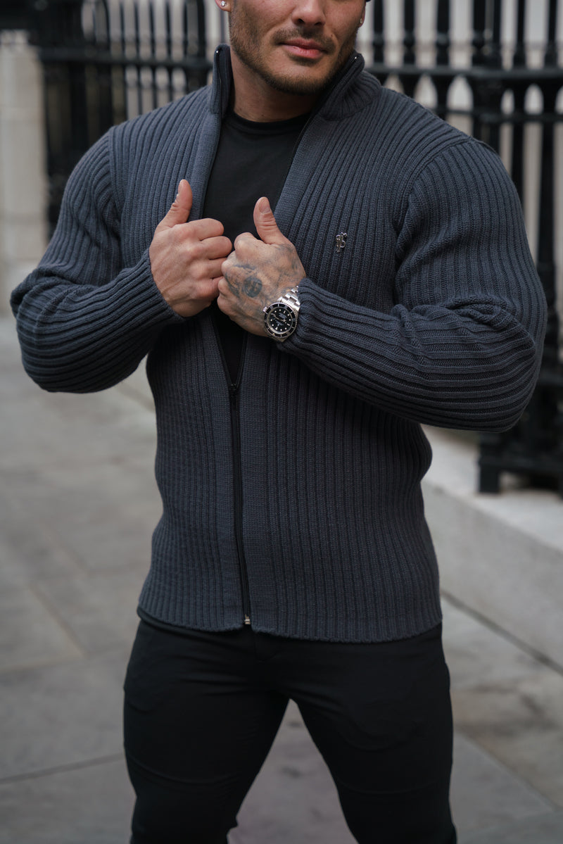 Father Sons Chunky Gunmetal Ribbed Zipped Cardigan - FSJ072  (PRE ORDER 28TH FEBRUARY)