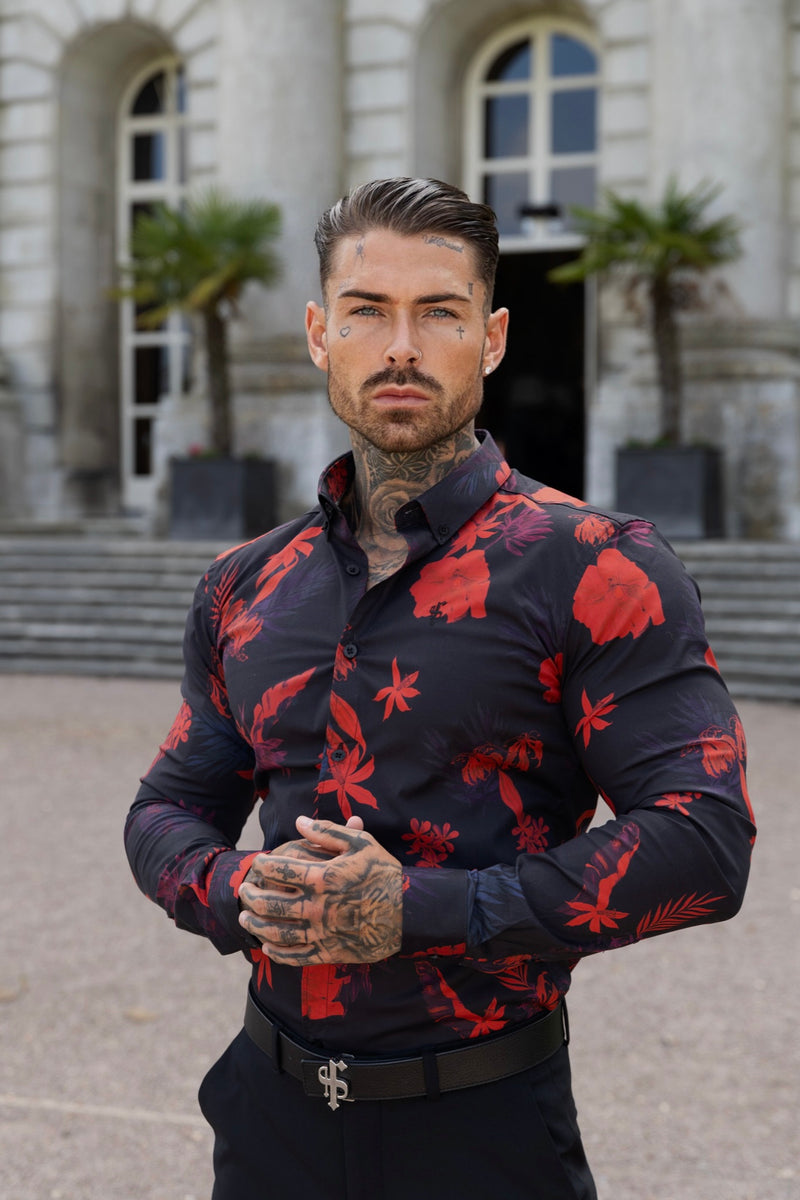 Father Sons Super Slim Stretch Black and Red Floral Print Long Sleeve with Button Down Collar - FS770