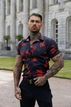 Father Sons Hawaiian Boxy Black / Red Floral Print Stretch with Revere Collar Short Sleeve - FS994