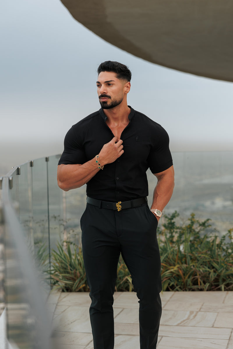 Father Sons Super Slim Oxford Stretch Classic All Black Grandad Collar Short Sleeve - FS582