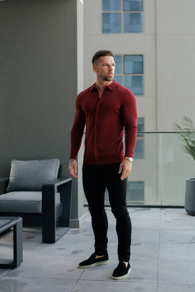 Father Sons Classic Plain Burgundy Knitted Button Through Polo Long Sleeve - FSN214