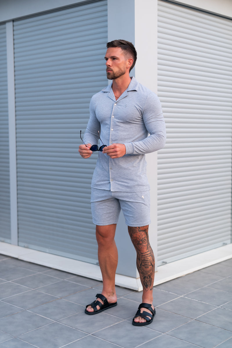 Father Sons Stretch Light Grey Pique Revere Shirt Long Sleeve - FSH1353