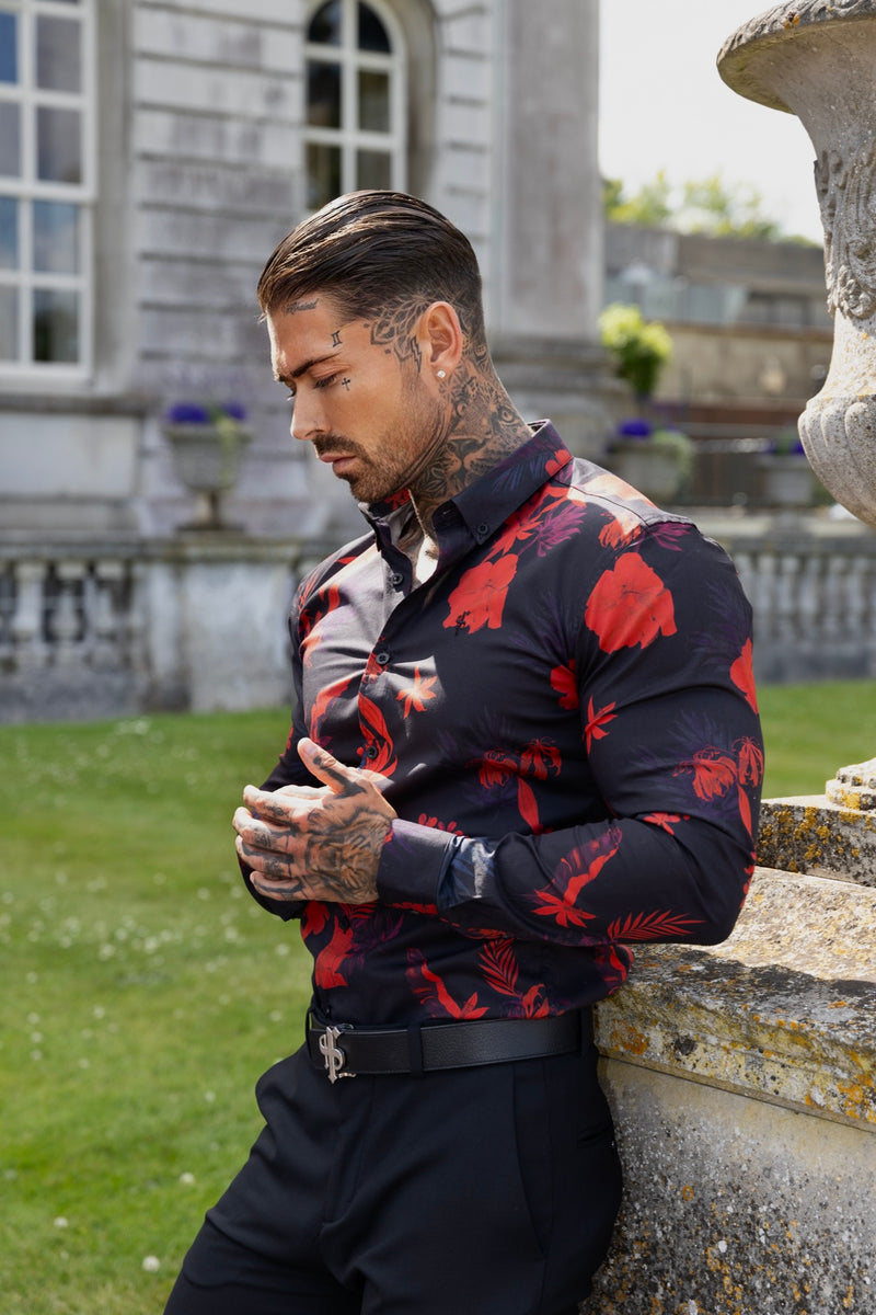 Father Sons Super Slim Stretch Black and Red Floral Print Long Sleeve with Button Down Collar - FS770