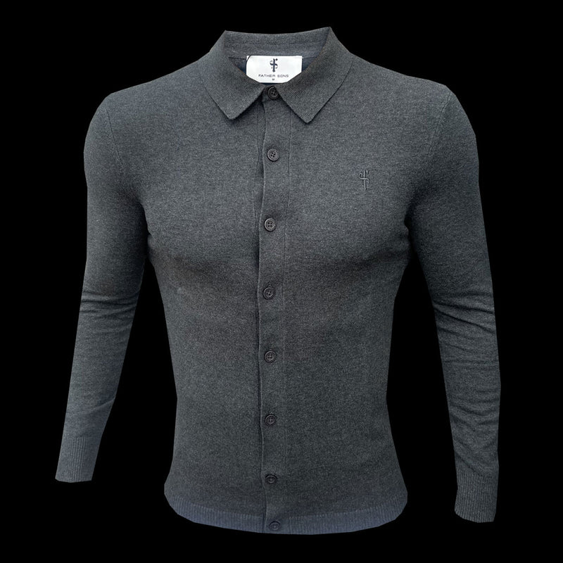 Father Sons Classic Plain Charcoal Knitted Button Through Polo Long Sleeve - FSN168