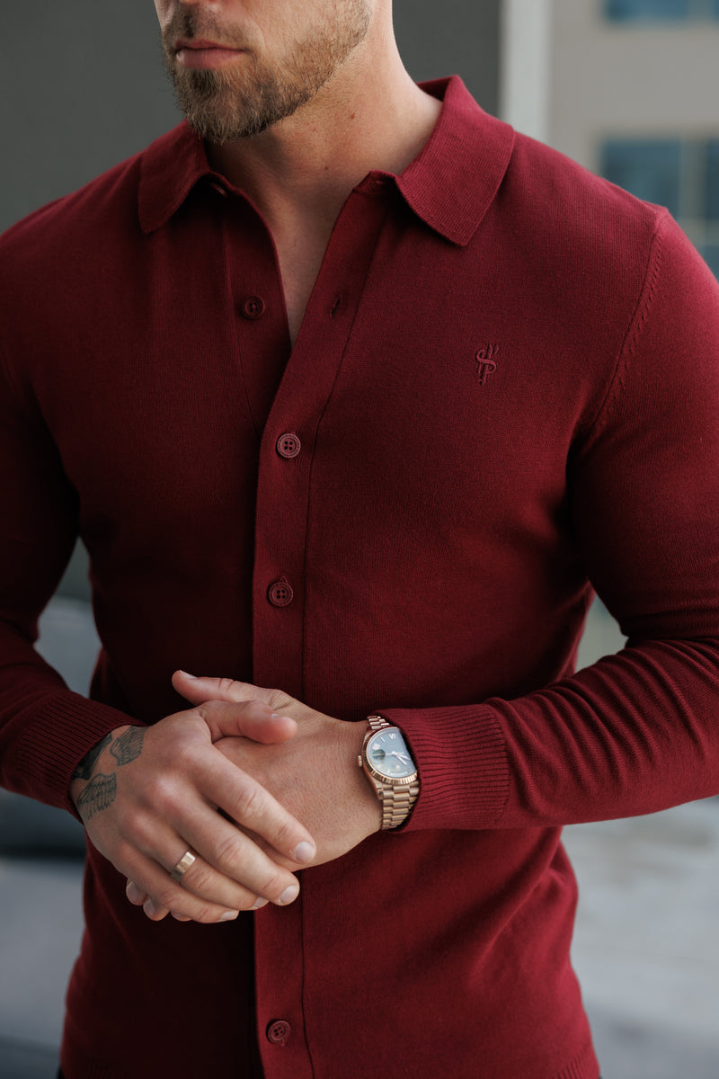 Father Sons Classic Plain Burgundy Knitted Button Through Polo Long Sleeve - FSN214