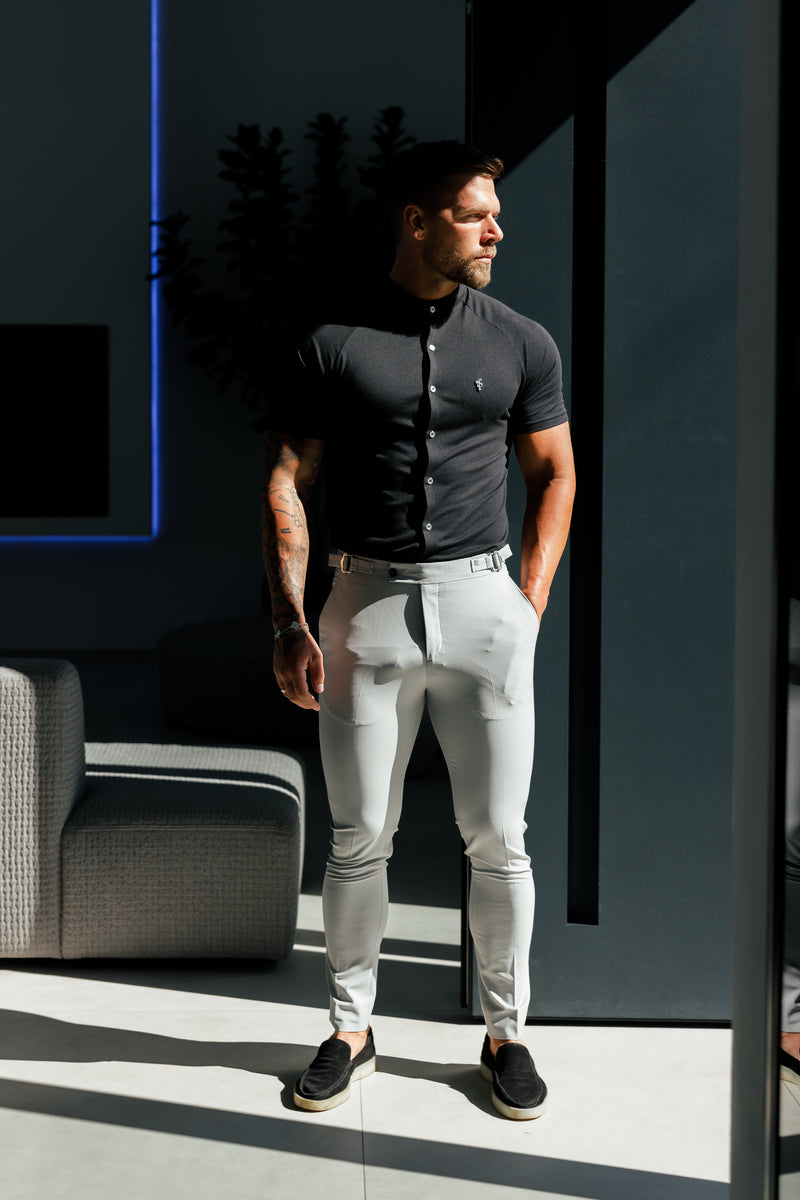 FS Slim Bamboo Raglan Grandad Collar Black Short Sleeve - FSH1165